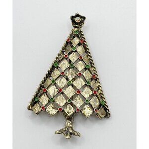 Vintage Enamel Ornaments Geometric Gold Tone Xmas Tree Brooch‎ Pin